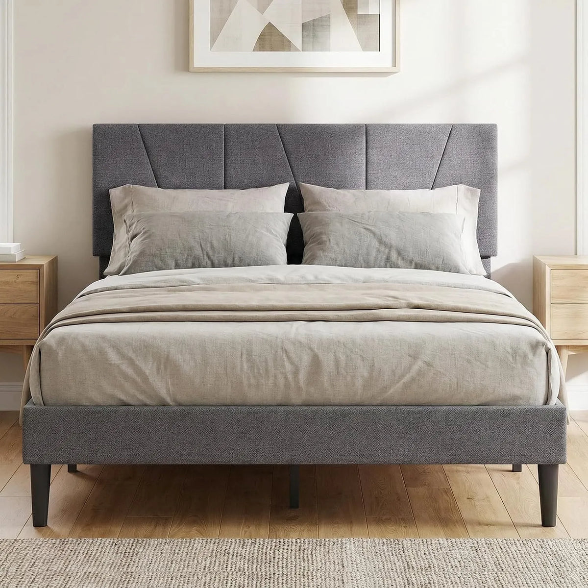 COSTWAY Cadre de lit et structure de lit 2 Personnes avec Sommier: en bois, fonctionnement silencieux, réglable, 140 × 200 cm, 207 × 145 × 95, 110 cm