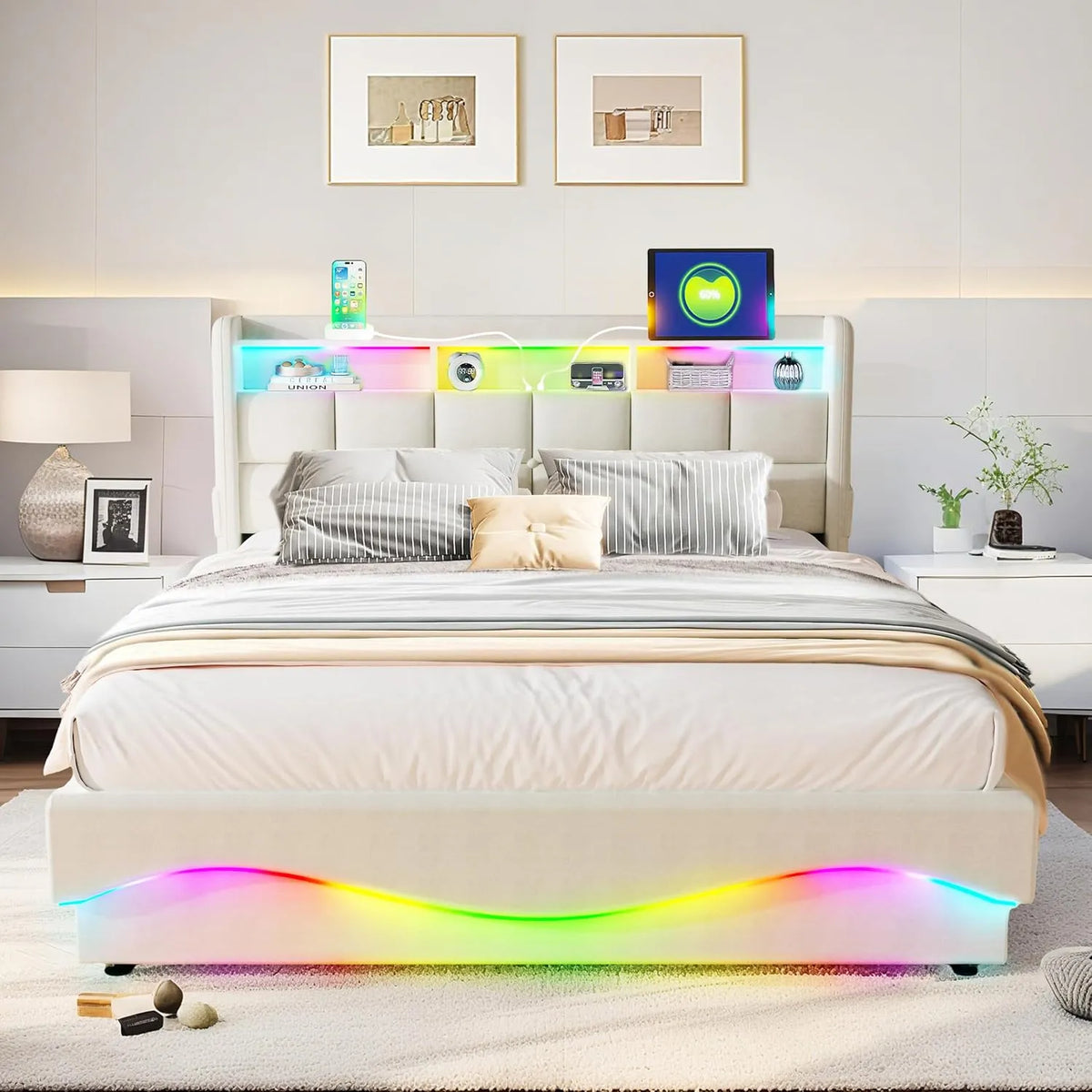 Lit de Rangement Multifonction 140x200 cm avec Lattes en Bois — en cuir, avec rangement, avec port USB, 140 × 200 cm, blanc, avec éclairage LED