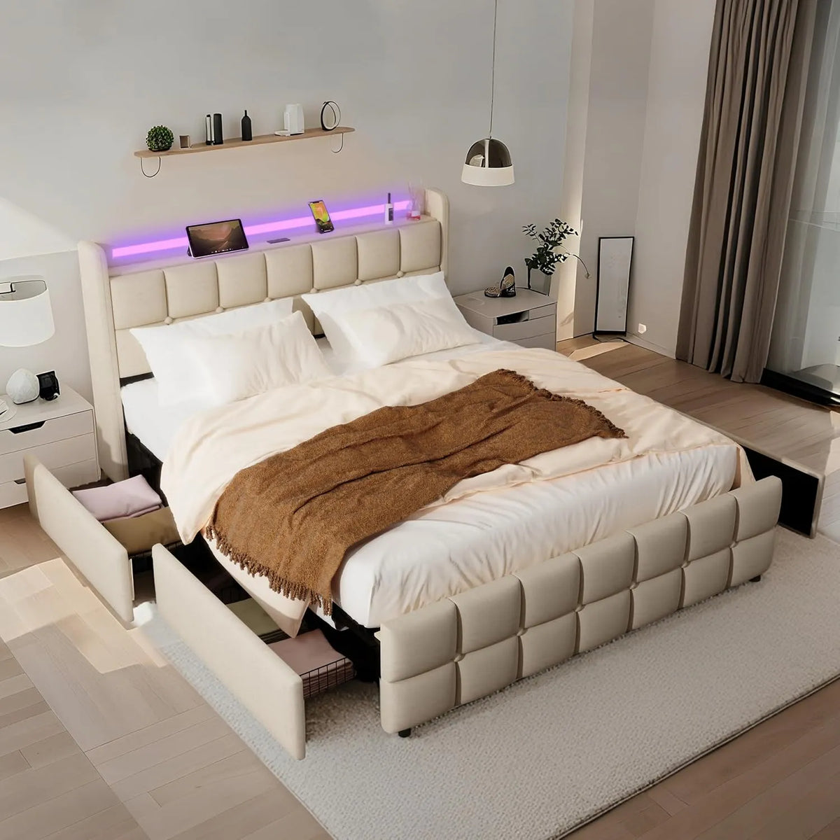 Lit Double rembourré 160x200 cm: en bois, avec tiroirs, avec port USB, affichage LED, 4 tiroirs, 160 × 200 cm, beige