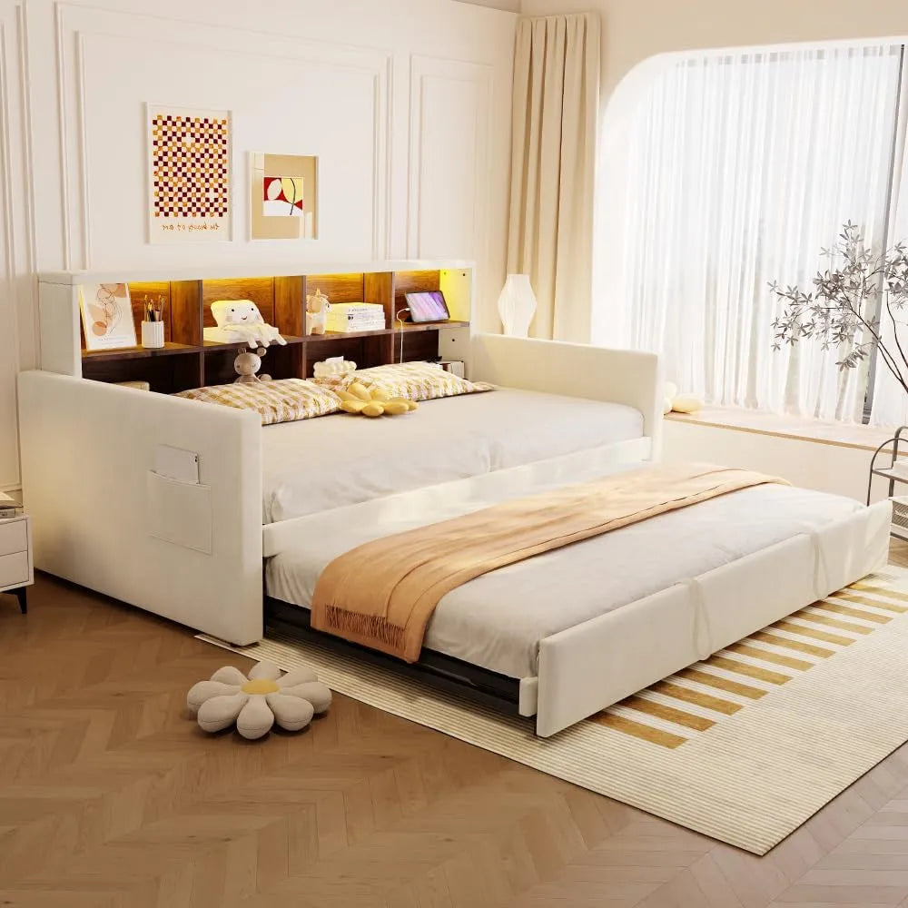 Lit rembourré et cadre de lit tapissé: avec rangement, avec port USB, affichage LED, 90 × 190, beige, revêtement en velours, revêtement en tissu