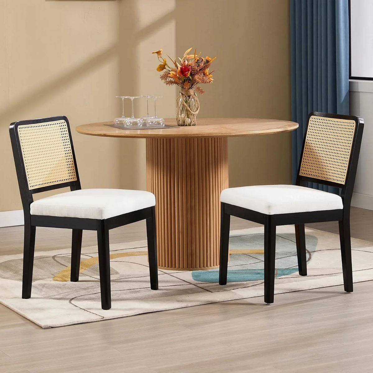 Chaise: en bois, avec dossier, Lot de 2, noir, en résine tressée