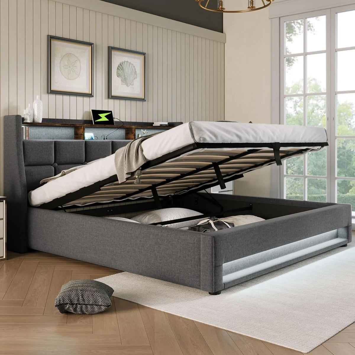 Lit rembourré et cadre de lit tapissé: en bois, avec rangement, affichage LED, 140 × 200cm, gris, revêtement en tissu