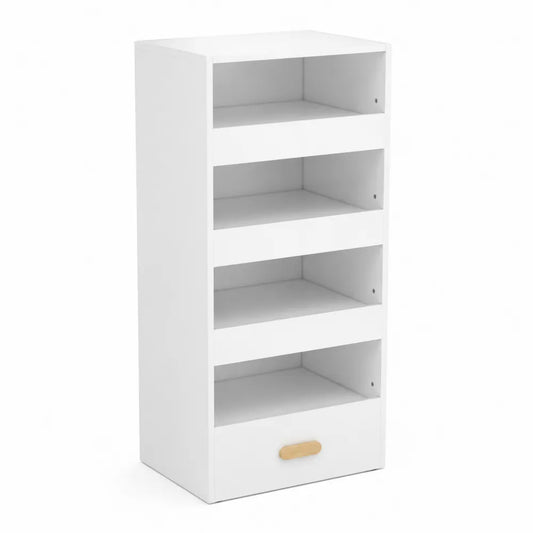 Bibliothèque étroite en bois MDF blanc avec 4 étagères et 1 tiroir