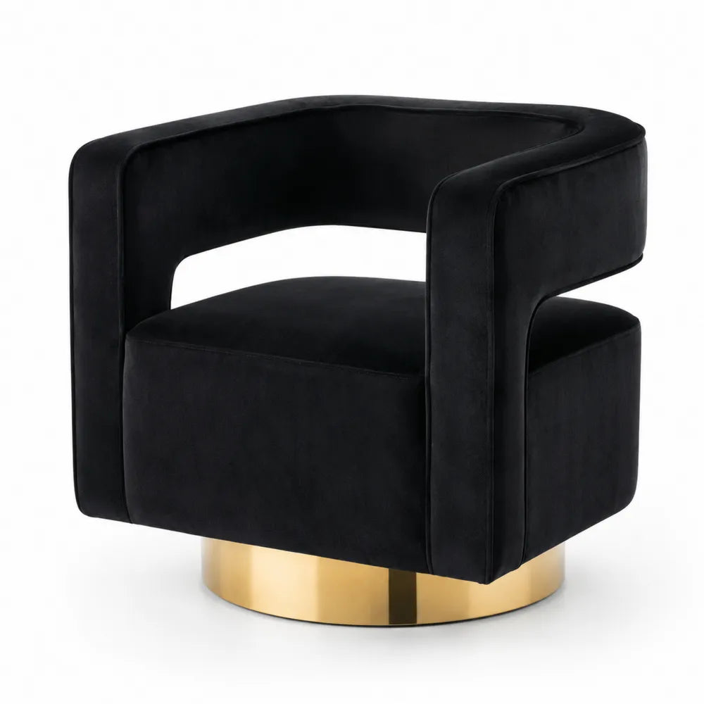 Fauteuil pivotant en velours noir avec base en métal doré