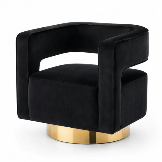 Fauteuil pivotant en velours noir avec base en métal doré