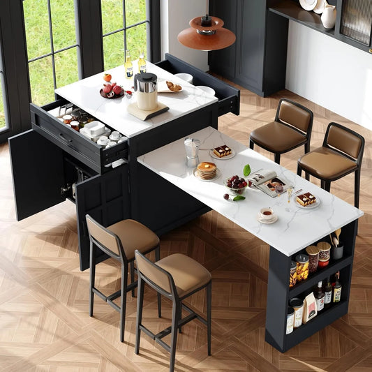 Table à manger — avec rangement, avec tiroirs, avec Bibliothèque et étagère de rangements, avec roulettes, 202 cm, noir, avec étagères