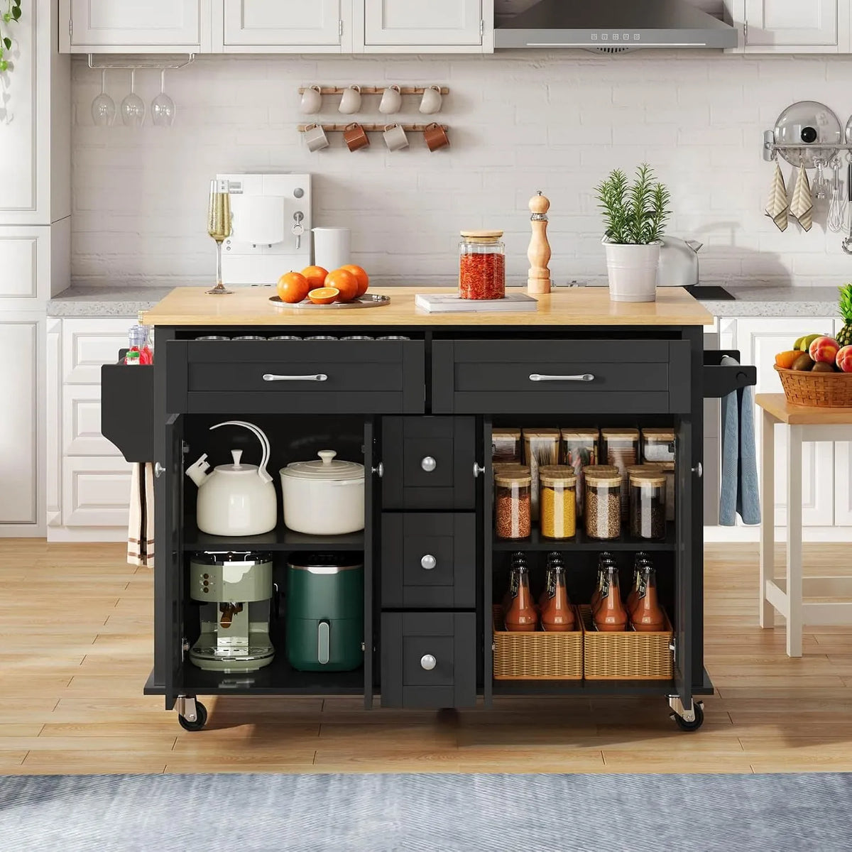 Îlot de Cuisine avec Plan de Travail Rabattable et roulettes: avec tiroirs, avec Bibliothèque et étagère de rangements, réglable, avec roulettes