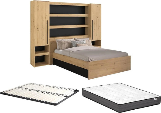 Vente-unique: VARLY, avec rangement, 140 × 190, 200 cm, noir, revêtement en tissu