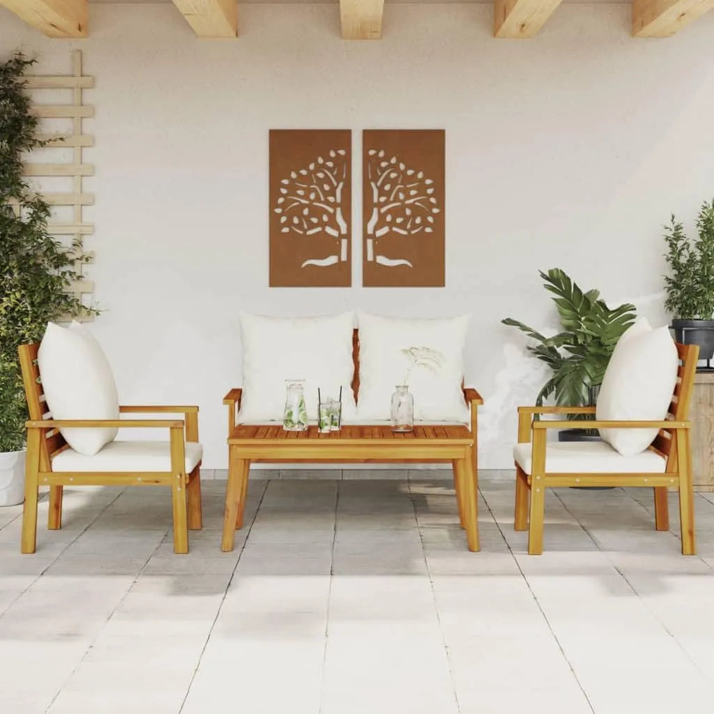 Salon de jardin et ensemble lounge — en bois, avec coussins, 4 pièces, marron