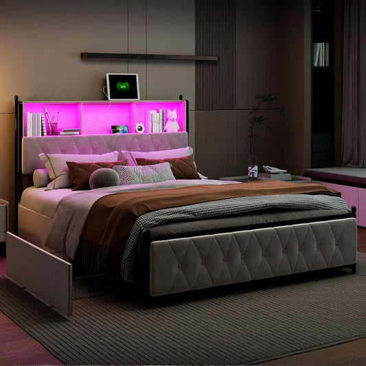Lit 160x200 cm avec Lumière LED – avec rangement, avec tiroirs, avec port USB, affichage LED, 4 Tiroirs, 160 × 200 cm, blanc, revêtement en velours