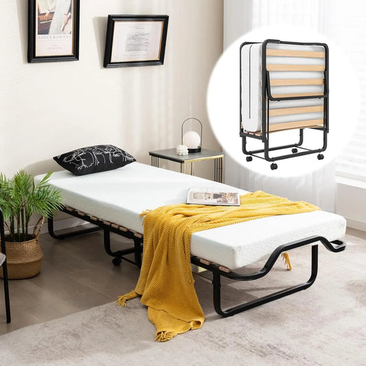 COSTWAY Lit Pliant 1 Personne Adulte 78 x 199 cm: en bois, pliable, avec roulettes, 78 × 199 cm, 10 cm, 220 kg, blanc, revêtement en tissu