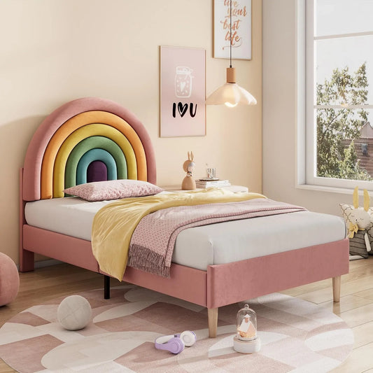 Lit Enfant 90x200 avec Sommier à Lattes: pour enfant, réglable, 90 × 200, rose, hauteur réglable, revêtement en velours