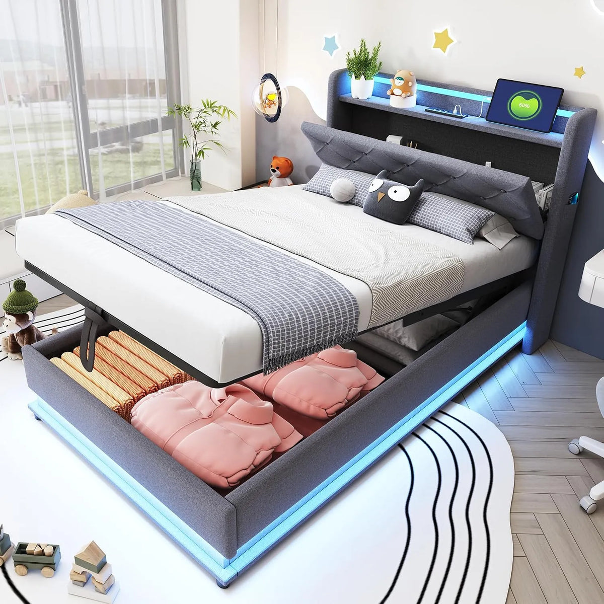 Lit 90x200 avec Sommier LED et USB – pour enfant, avec rangement, avec port USB, réglable, 90 × 200, revêtement en tissu