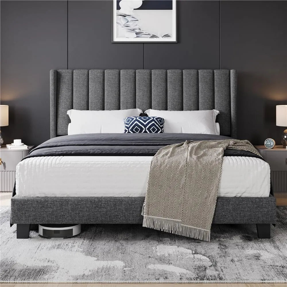 Yaheetech Lit Double Rembourré 160x200 cm avec Sommier à Lattes – en métal, en bois, 160 × 200 cm, gris