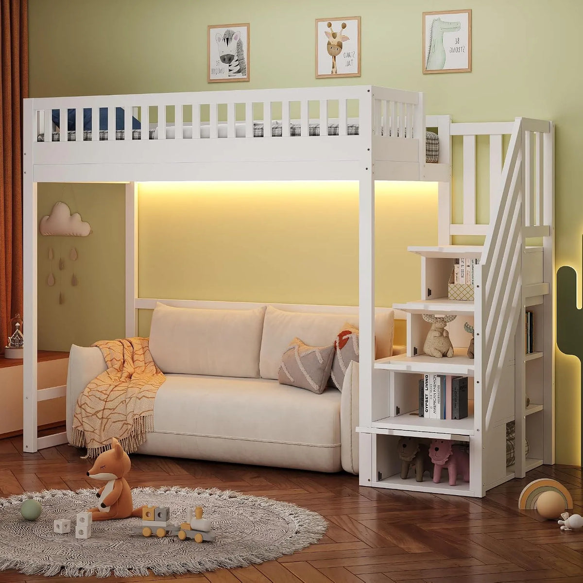 Merax Lit mezzanine: pour enfant, réversible, en bois, avec rangement, 90 × 200 cm, blanc, avec éclairage LED, en bois massif