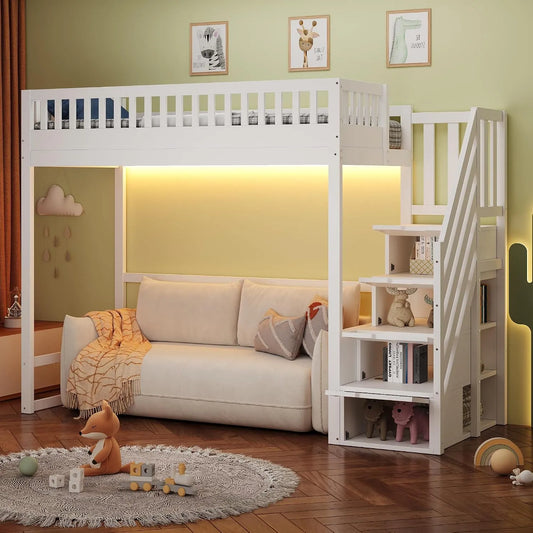 Merax Lit mezzanine: pour enfant, réversible, en bois, avec rangement, 90 × 200 cm, blanc, avec éclairage LED, en bois massif
