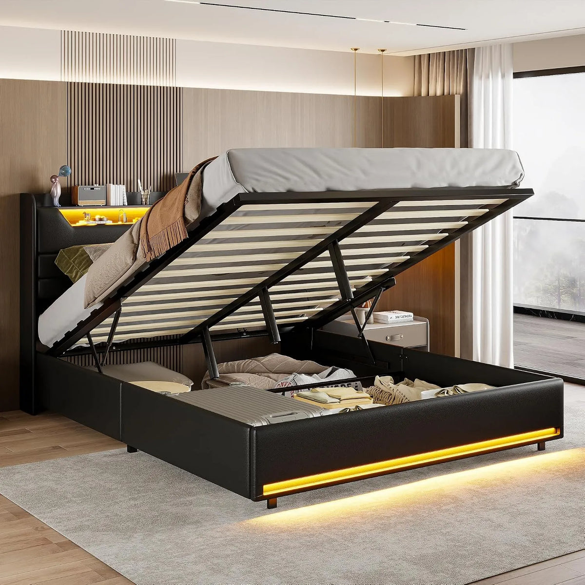Lit Coffre 140 x 200 cm — avec rangement, avec port USB, affichage LED, 140 × 200 cm, noir