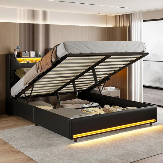 Lit Coffre 140 x 200 cm — avec rangement, avec port USB, affichage LED, 140 × 200 cm, noir