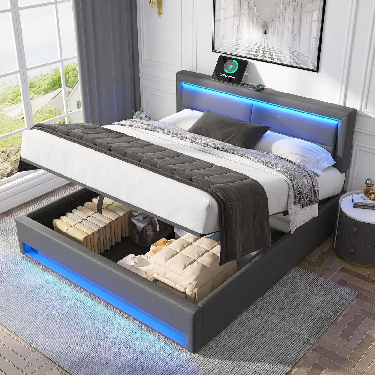 okwish Lit Coffre 140x200 cm – en cuir PU, avec rangement, avec port USB, affichage LED, 140 × 200 cm, gris, avec rangement intégré