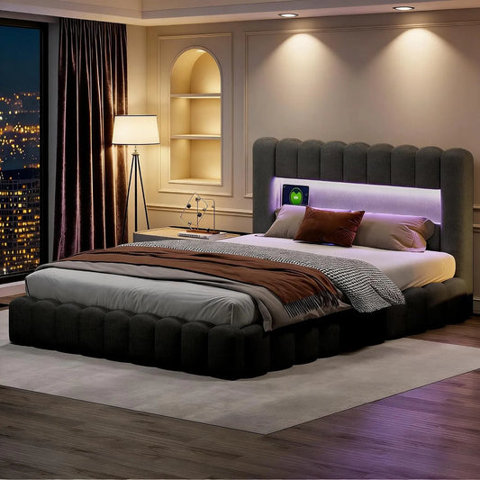 Lit Coffre 160x200 cm — avec rangement, avec port USB, affichage LED, 160 × 200 cm, gris, revêtement en tissu