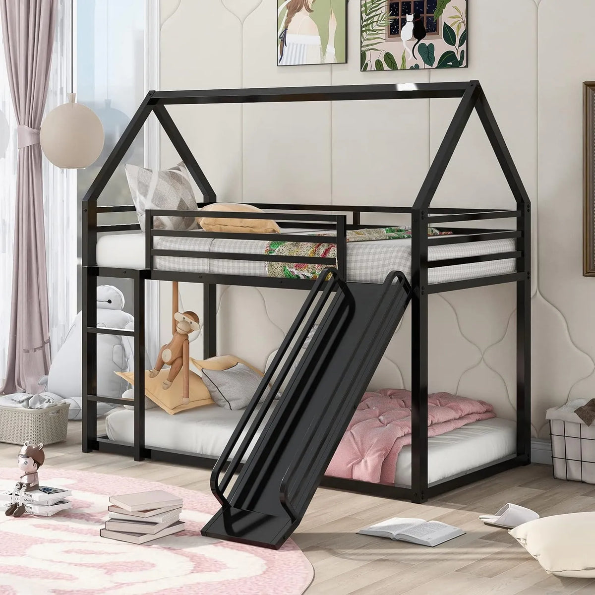 Lit superposé et lit mezzanine — pour enfant, en métal, avec toboggan, avec échelle, 2 Places, 90 × 190 cm, noir