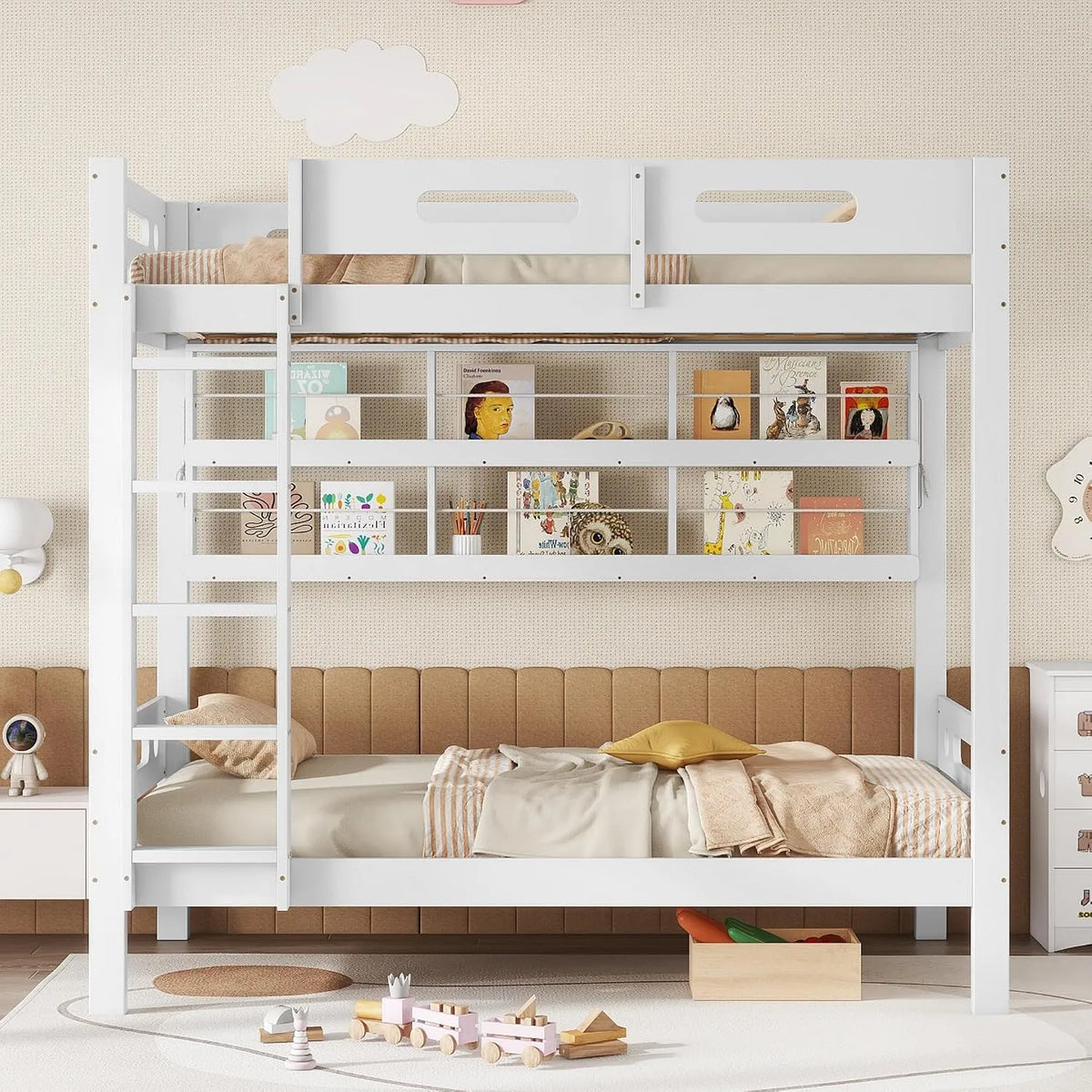 Barbecue – MDF, avec rangement, avec barrière anti-chute, avec échelle, 90 × 200 cm, blanc, revêtement en tissu