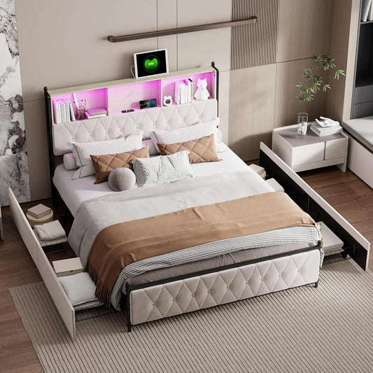 Lit Coffre 140x200 avec 4 Tiroirs — avec rangement, avec tiroirs, avec port USB, affichage LED, 140 × 200, blanc, revêtement en velours