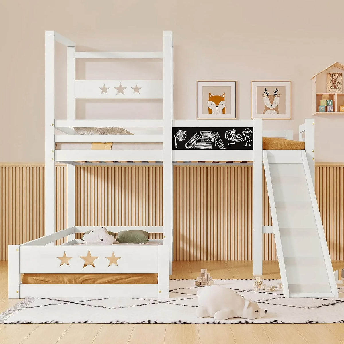 Lit superposé et lit mezzanine – pour enfant, en bois, avec toboggan, avec barrière anti-chute, 90 × 200 cm
