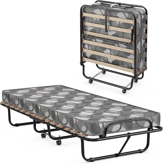 COSTWAY Lit Pliant 1 Personne Adulte 190 x 80 cm avec: en bois, pliable, avec roulettes, 190 × 80 cm, 6, 5 cm, 130 kg, gris, revêtement en tissu