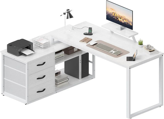 Bureau — réversible, avec tiroirs, avec Bibliothèque et étagère de rangements, avec port USB, 3 tiroirs, 140 × 100 × 75 cm, blanc, avec étagères