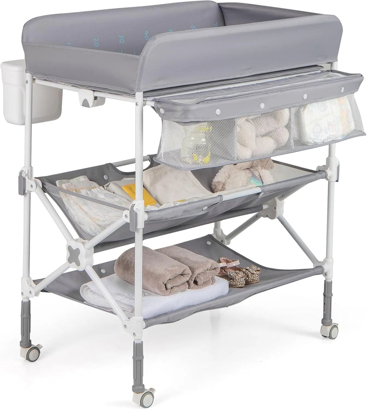 COSTWAY Table à Langer Pliante pour Bébé: pour enfant, avec Bibliothèque et étagère de rangements, réglable, résistant à l'eau, 11 kg, gris
