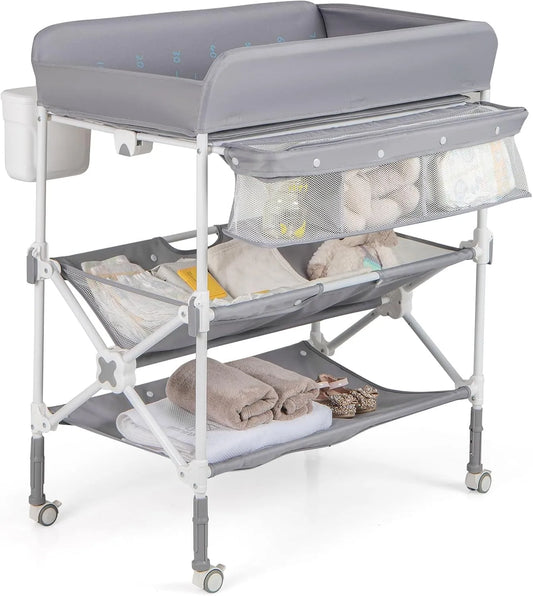 COSTWAY Table à Langer Pliante pour Bébé: pour enfant, avec Bibliothèque et étagère de rangements, réglable, résistant à l'eau, 11 kg, gris