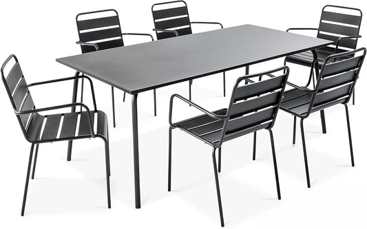 Oviala Ensemble Table de jardin et table de terrasse et 6 fauteuils en métal: Palavas, gris