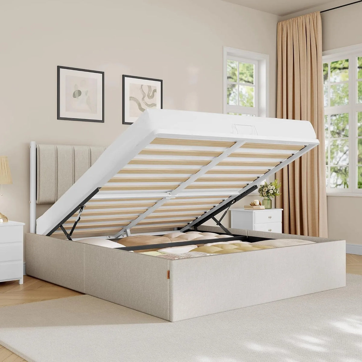 Lit Coffre Moderne 140x190 cm avec Sommier Hydraulique et Rangement, Beige Cappuccino