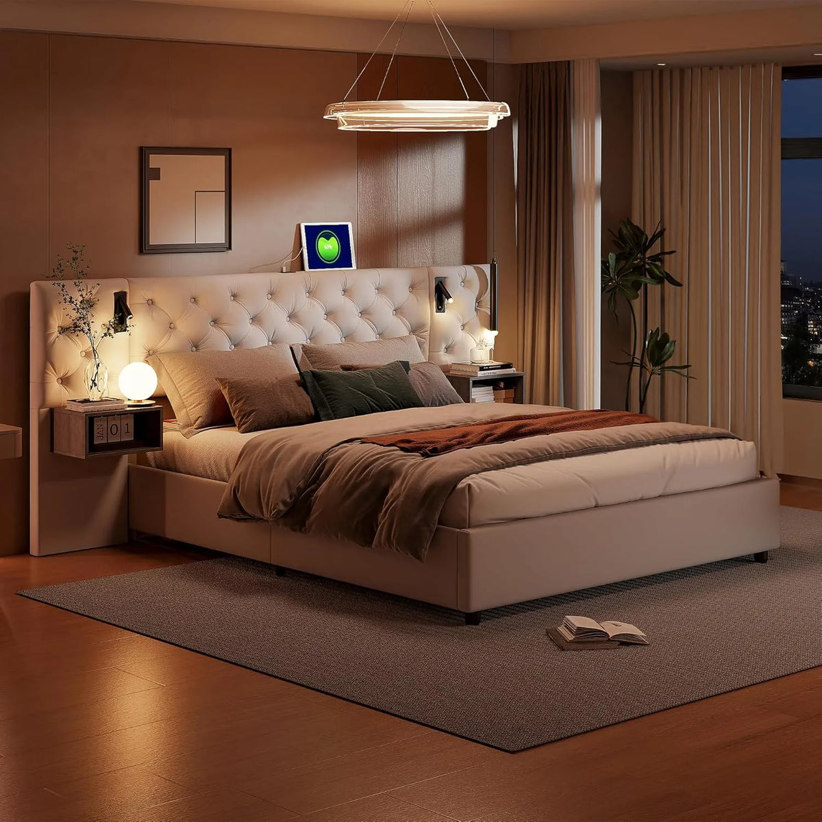 Lit Double 160x200 en Velours Beige avec Sommier LED, Coffre Hydraulique et Tables de Chevet