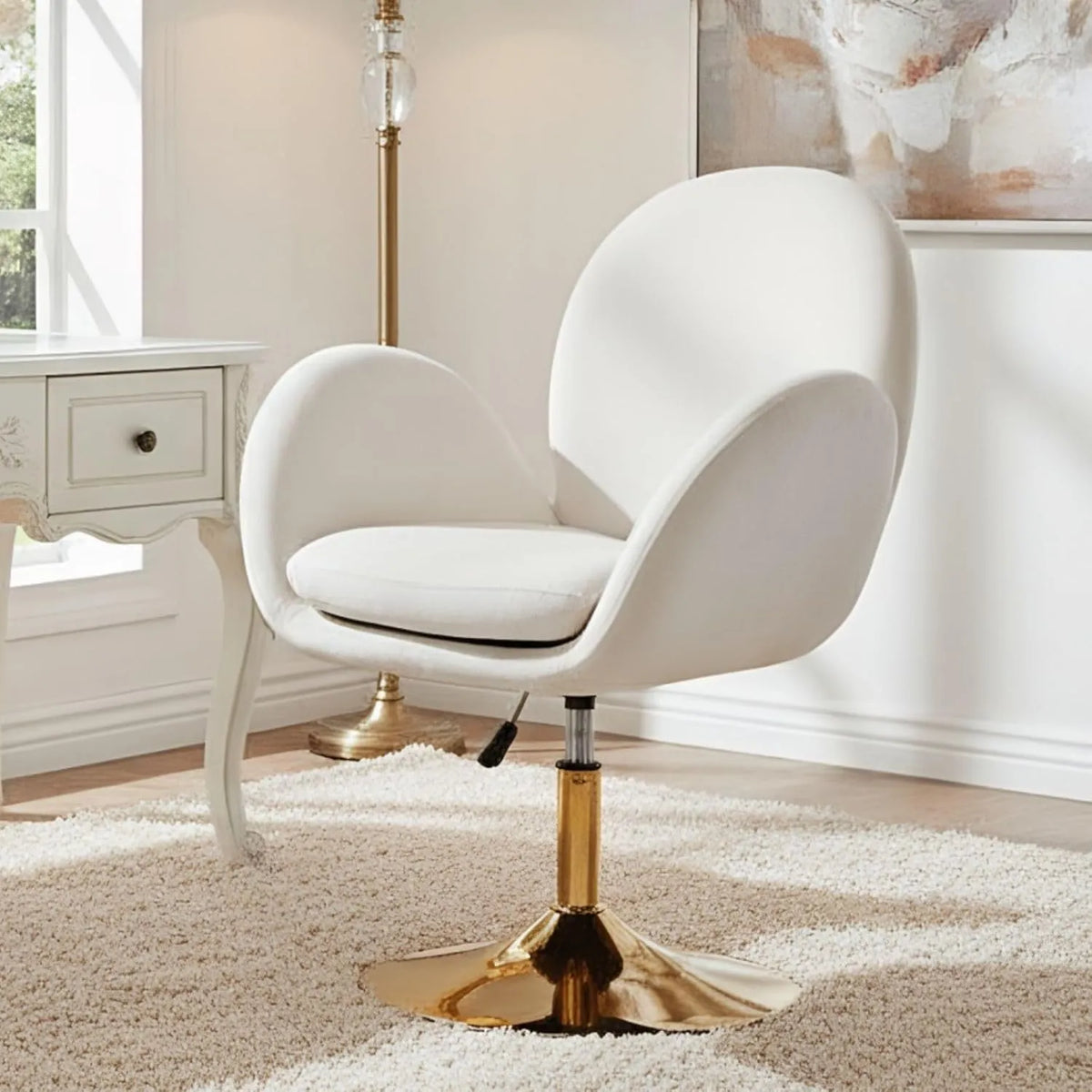 Chaise Pivotante Ergonomique en Velours avec Hauteur Ajustable - Beige