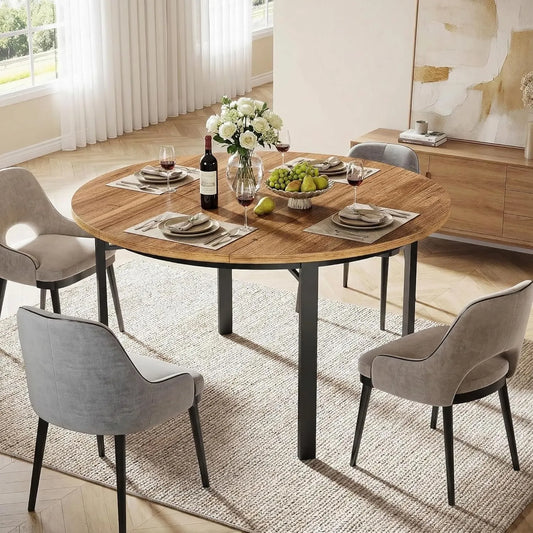 Table à Manger Ronde 120cm en Bois avec Pieds en Métal pour 4-6 Personnes - Idéale pour Salle à Manger et Cuisine