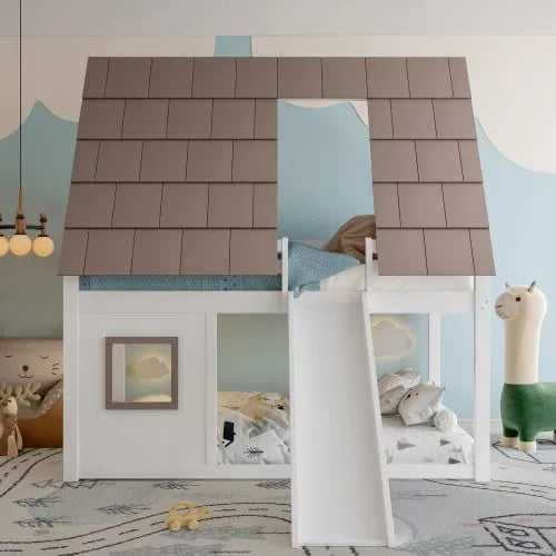 Lit superposé en bois Merax avec toboggan et échelle, 140 x 200 cm, maison pour enfants, blanc et marron