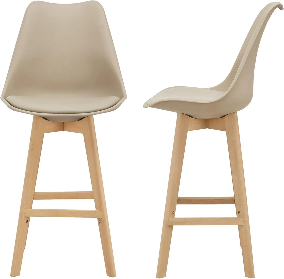 Ensemble de 2 tabourets de bar avec dossier et repose-pied, assise rembourrée, similicuir et hêtre, 105 x 48 x 58 cm, beige