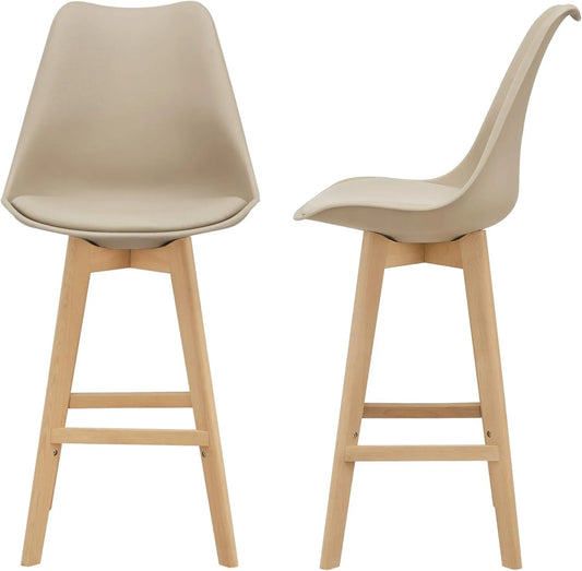 Ensemble de 2 tabourets de bar avec dossier et repose-pied, assise rembourrée, similicuir et hêtre, 105 x 48 x 58 cm, beige