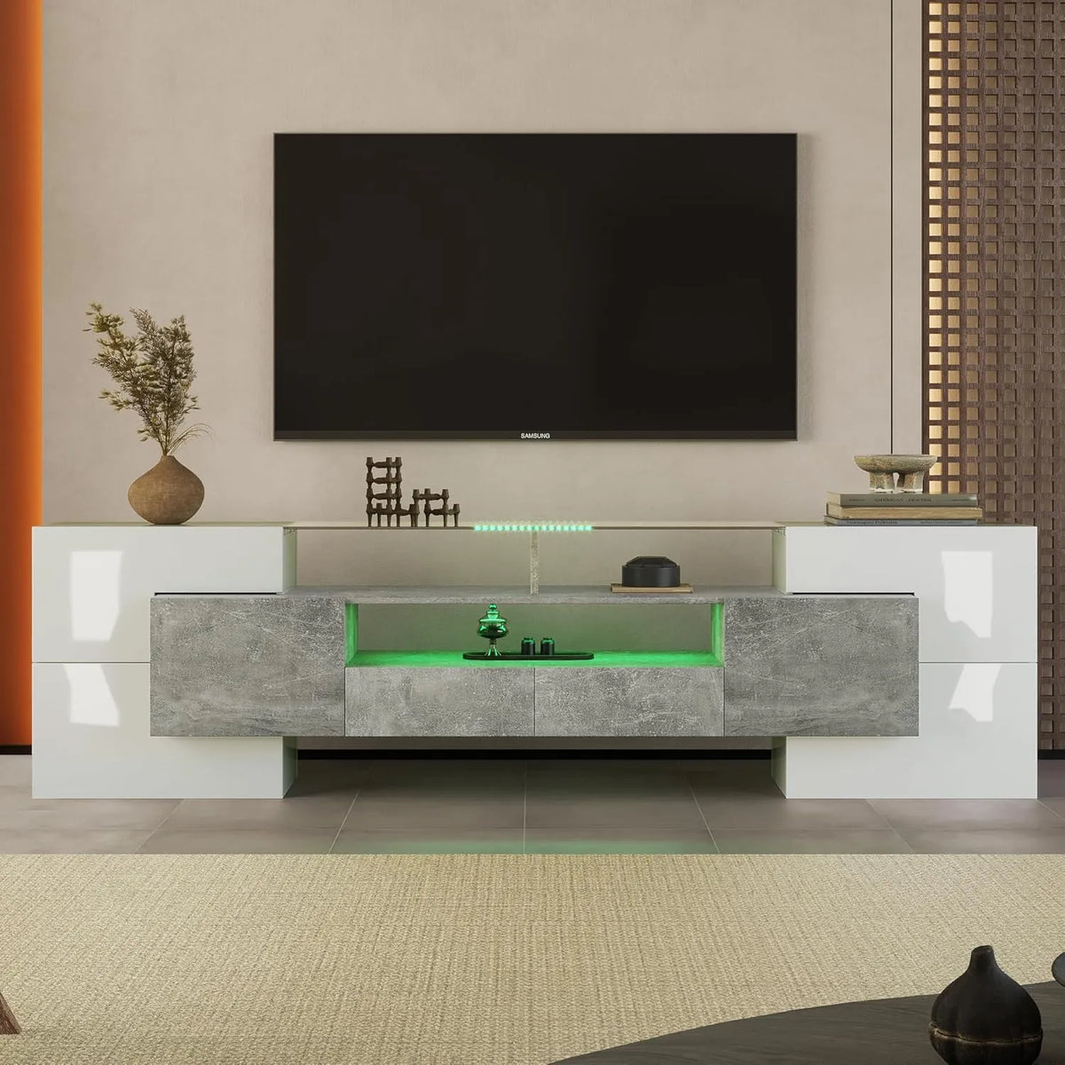 Meuble TV Moderne 200 cm avec Éclairage LED et Rangement - Noir et Blanc Brillant