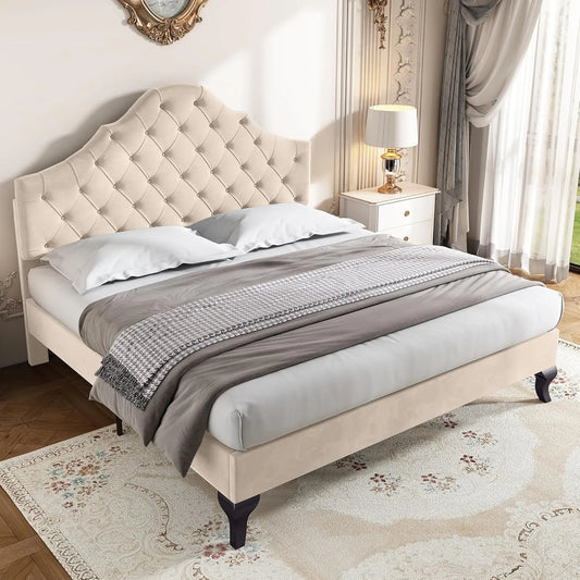 Lit Double 140x190 avec Sommier, Tête de Lit Réglable en Velours Beige