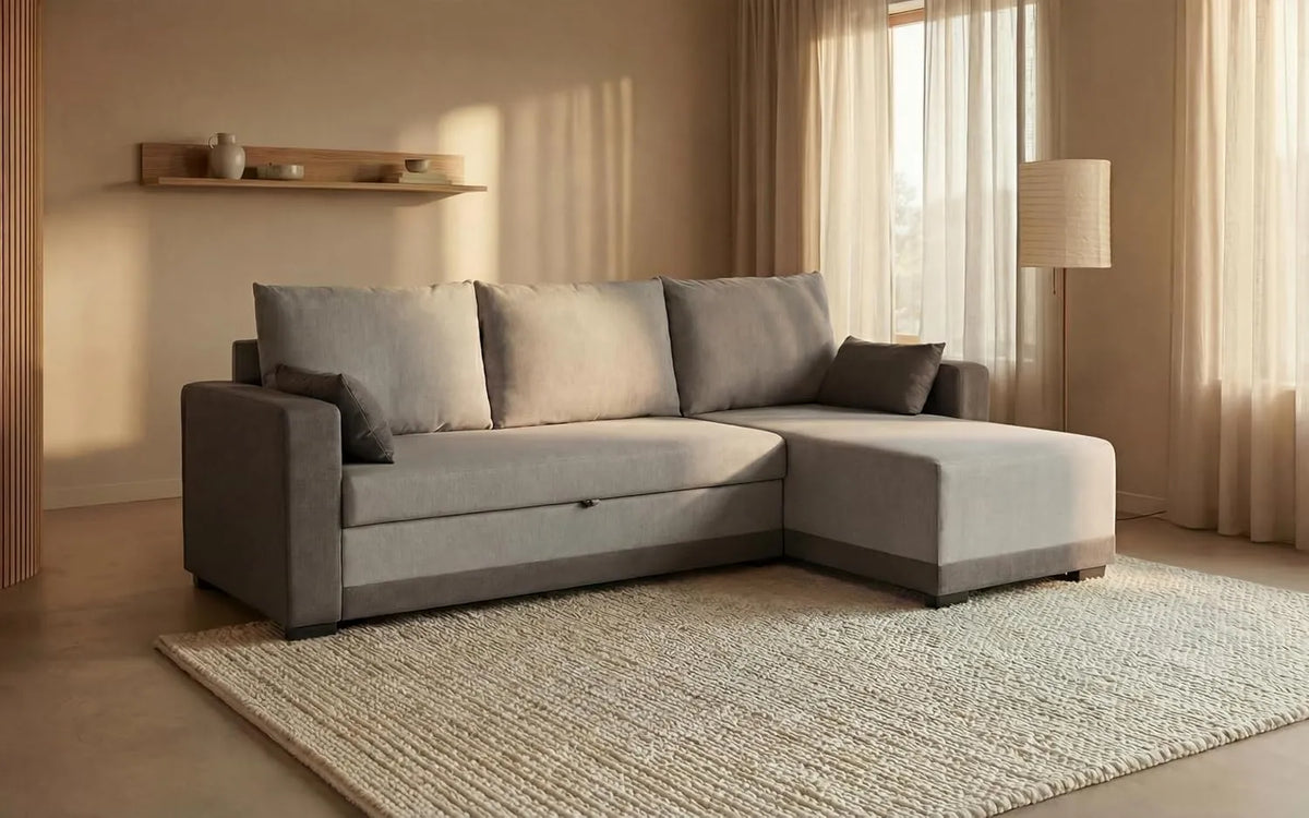 Canapé d'Angle Réversible 4 Places en Tissu Gris avec Décorations