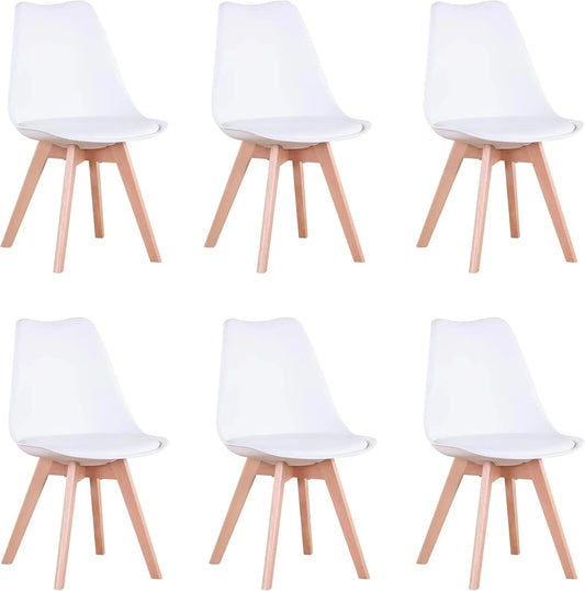 Ensemble de 6 Chaises Scandinaves avec Coussin et Pieds en Bois, Idéal pour Salle à Manger et Salon, Blanc
