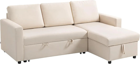 Canapé d'Angle Convertible 3 Places avec Méridienne Réversible et Coffre de Rangement - Tissu Lin Crème