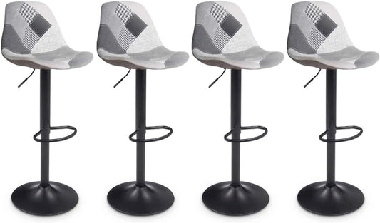Ensemble de 4 Tabourets de Bar Design Patchwork Noir/Gris/Blanc - Pieds Noirs