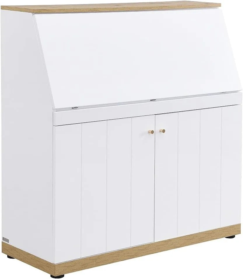 Bureau Secrétaire en MDF Blanc et Bois Naturel avec Rangement - DUTASI