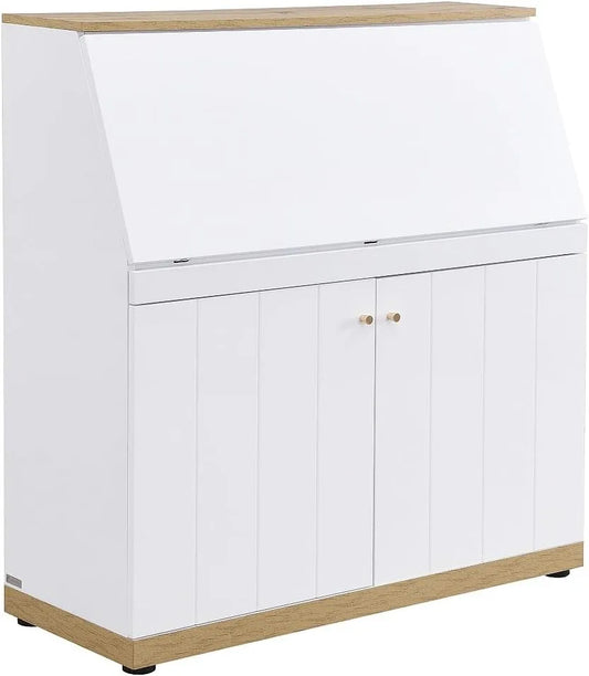 Bureau Secrétaire en MDF Blanc et Bois Naturel avec Rangement - DUTASI