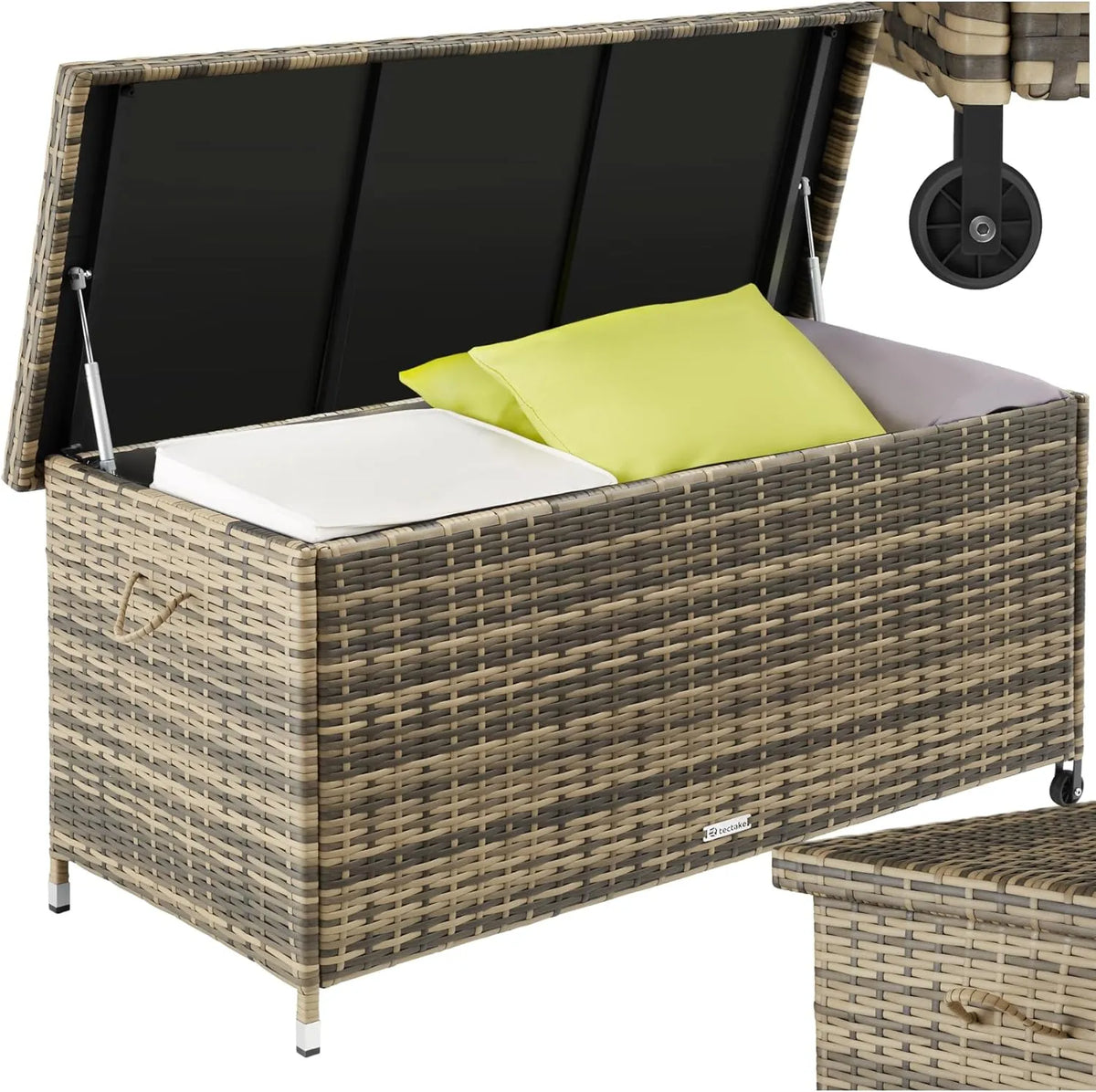 Coffre de Rangement Extérieur 270L en Résine Tressée avec Roulettes et Poignées – Pour Outils, Coussins et Jouets