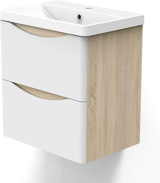 Armoire de Salle de Bain Suspendue, Blanc et Bois Clair, avec Vasque et Rangement, 50 cm